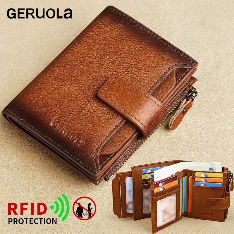 GERUOLA メンズ 本革 財布 ヴィンテージ RFID ブロック 盗難防止 折りたたみ財布 ID ウィンドウ コインポケット ファスナー開閉