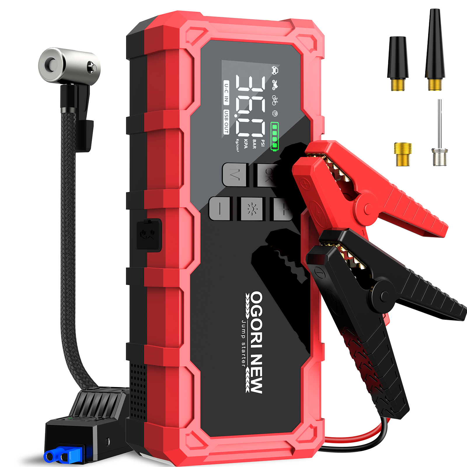 26800mAh ジャンプスターター エアコンプレッサー付き 150PSI、7000/8000A ポータブルカーバッテリーブースター (全ガス/16L ディーゼル)