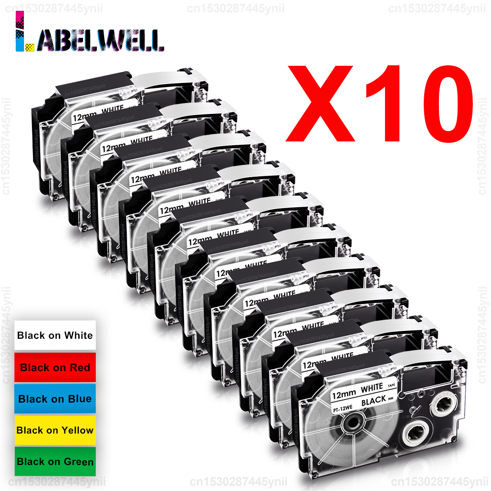 5/10PK XR-12WE 9/12mm ラベルテープ カシオ XR-12YW XR-12X XR-9WE XR-9YW 9X カシオ KL-60 KL-120 KL-100 ラベルメーカーに対応