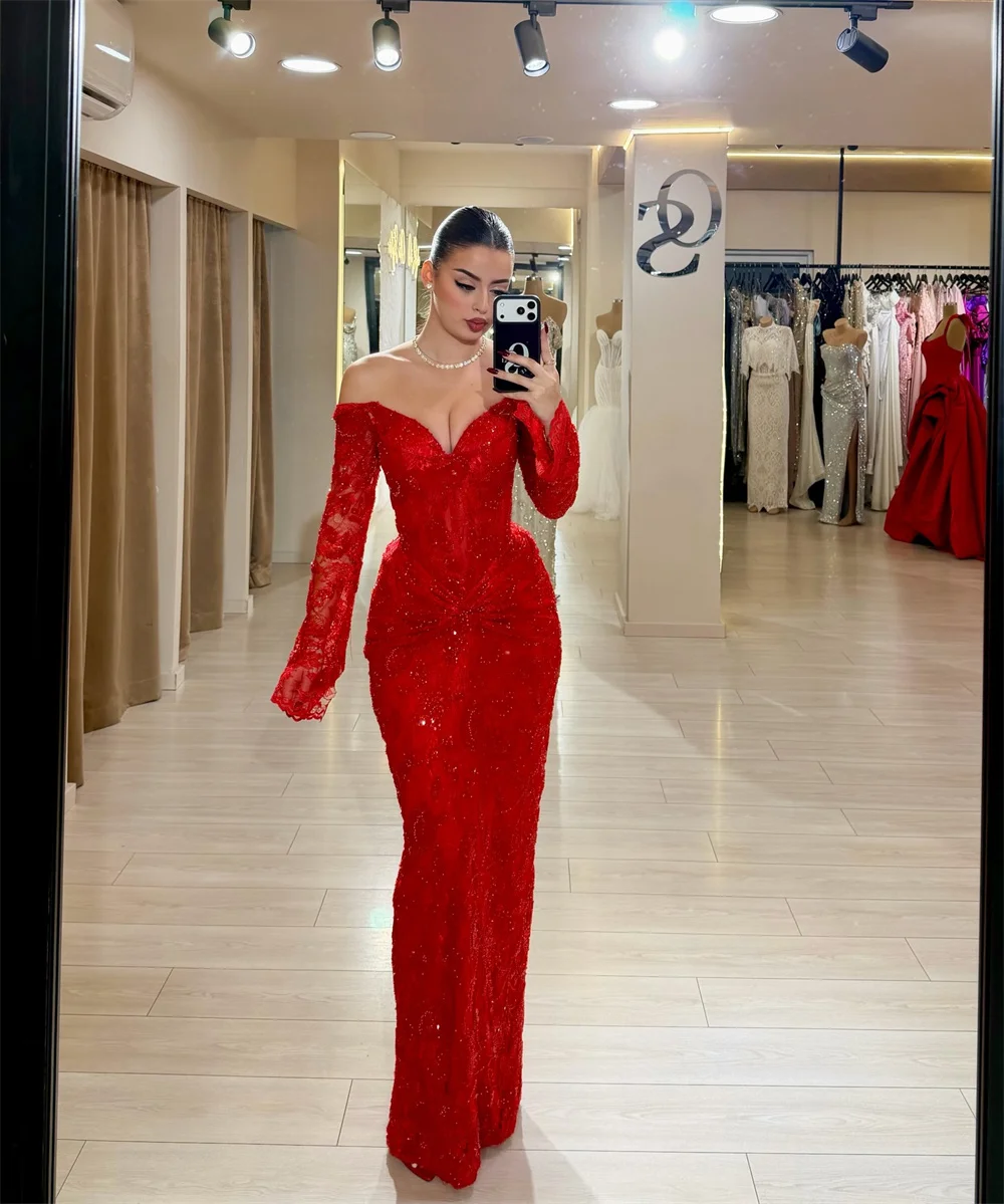 カスタマイズされた赤の絶妙なレースマーメイドウエディングドレスオフショルダー長袖vestidos de noiva床長さのフォーマルガウン2026