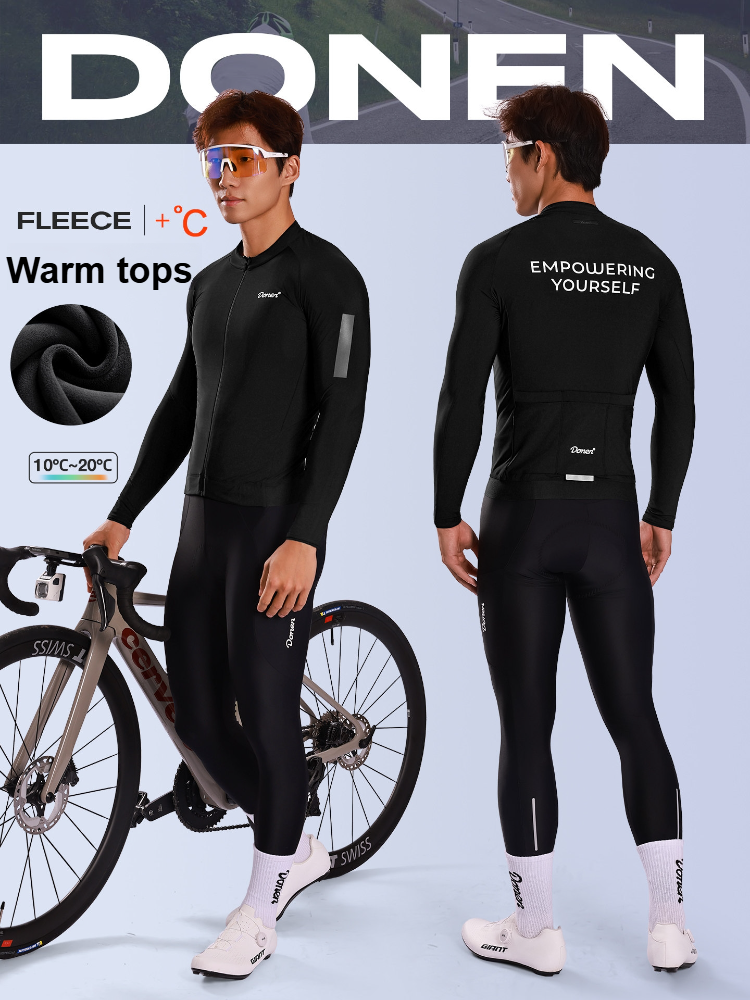 Donen メンズ フリース裏地サイクリング トップ、10 ～ 20 °C プロフェッショナル サイクリング ジャージ、通気性、暖かいロード サイクリング ギア