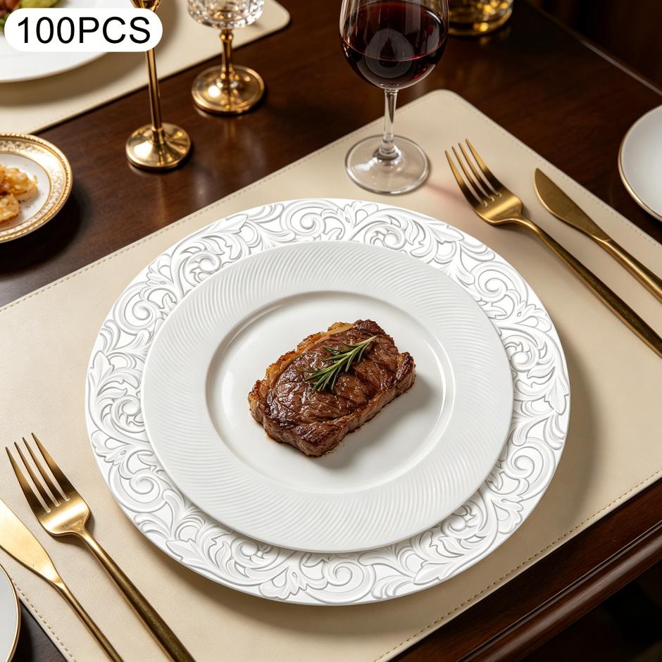 Bymaocar チャージャープレート シルバーチャージャープレート 100枚セット ラウンドエンボス加工 装飾サービングプレート 軽量 耐久性 PPペイント素材 耐衝撃性 耐摩耗性 積み重ね可能 ウェディングパーティー レスタ用