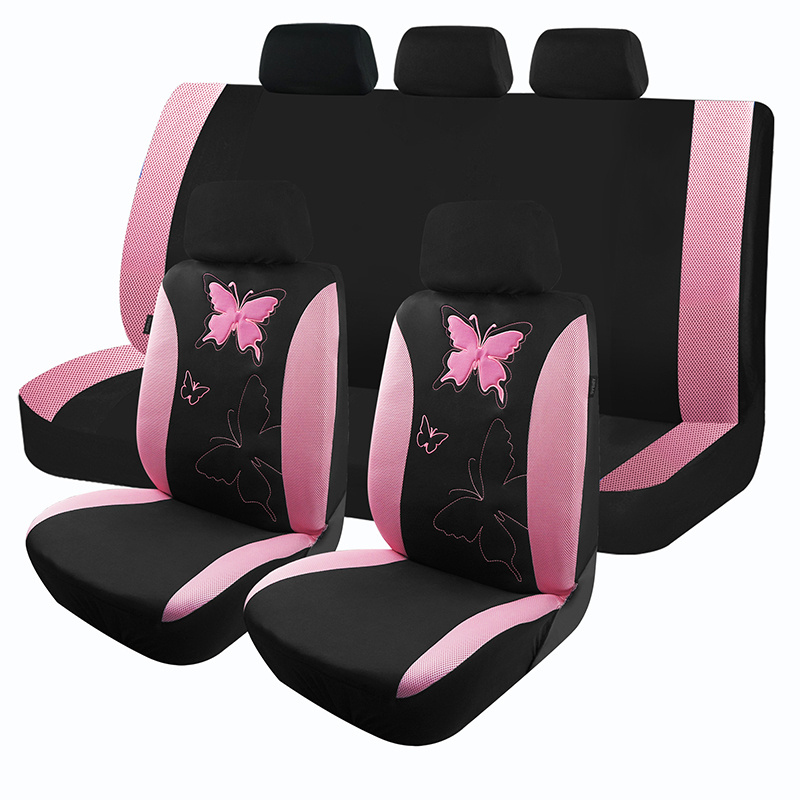 Full set of universal polyester car seat covers，Pink and purple color combination，Butterfly embroidery，Built-in sponge，Suitable