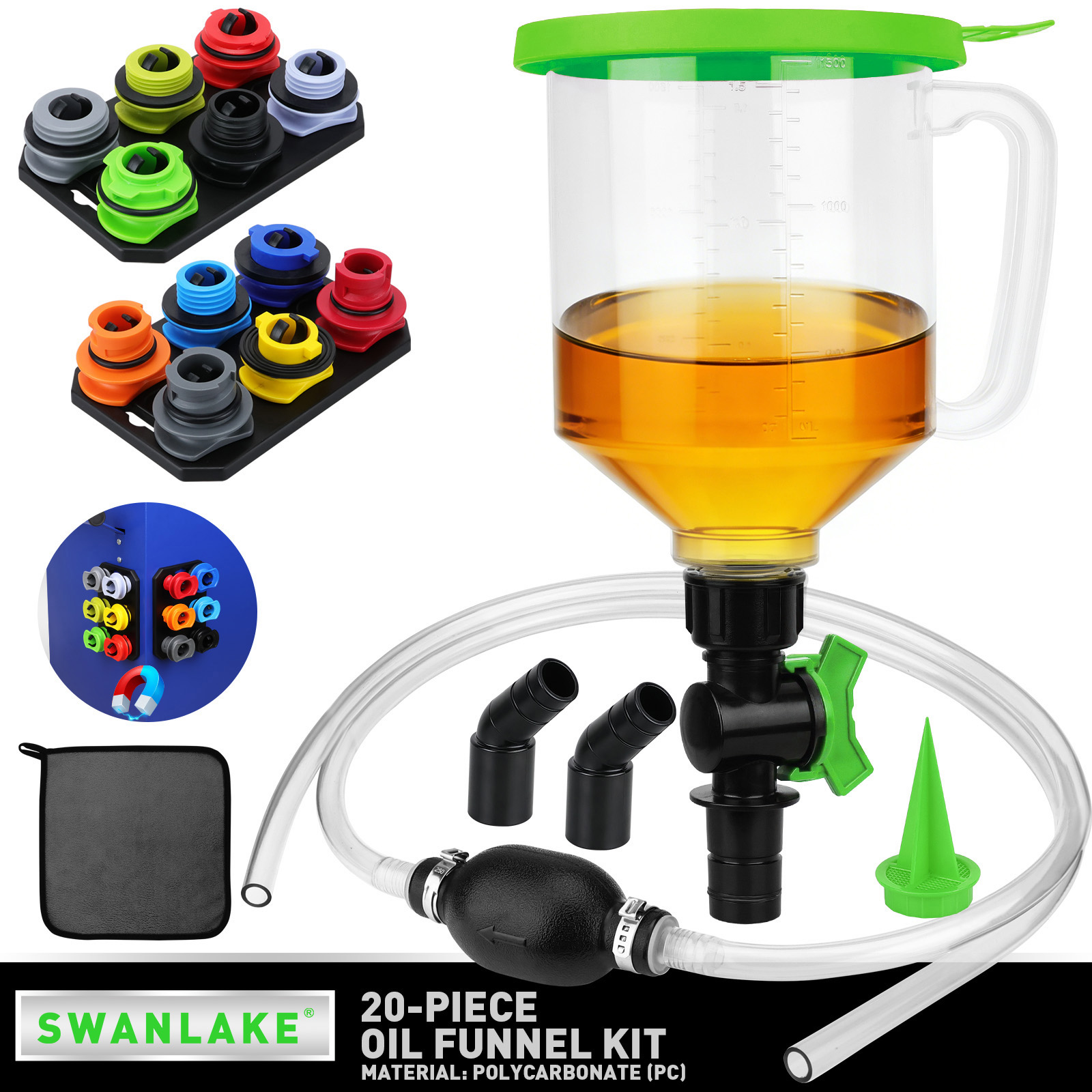 SWANLAKE 20個こぼれなしエンジンオイルファンネルキット、1.59QT/1.5L 12アダプターサイフォンホース磁気トレイ、GMフォードBMWアウディに適合 詳細
