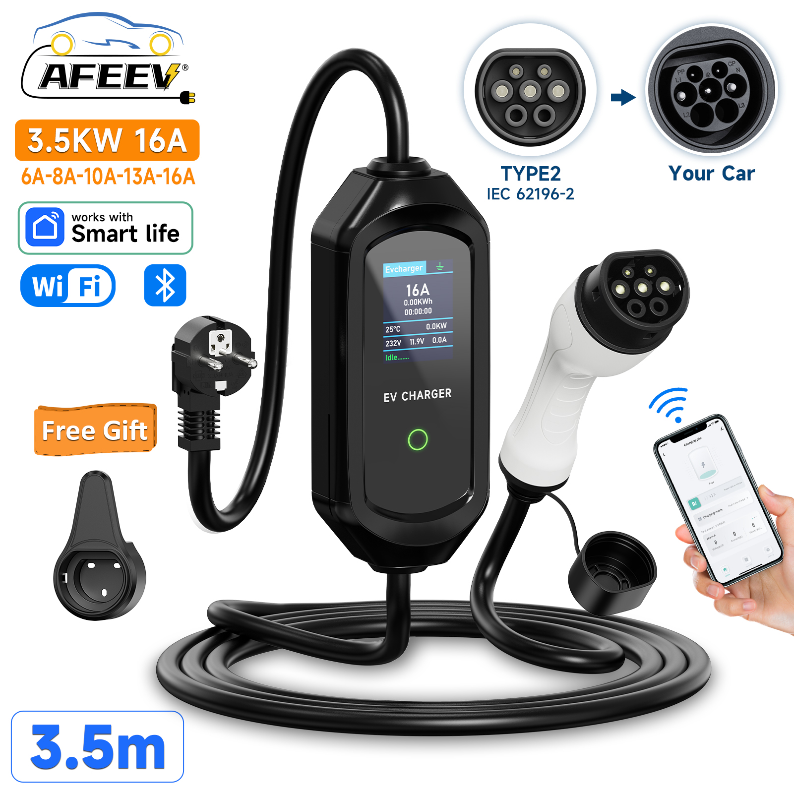 AFEEV 3.5KW 16A ポータブル EV 充電器タイプ 1/GBT/タイプ 2 電気自動車バッテリー充電器 EVSE 急速充電ステーションウォールボックス