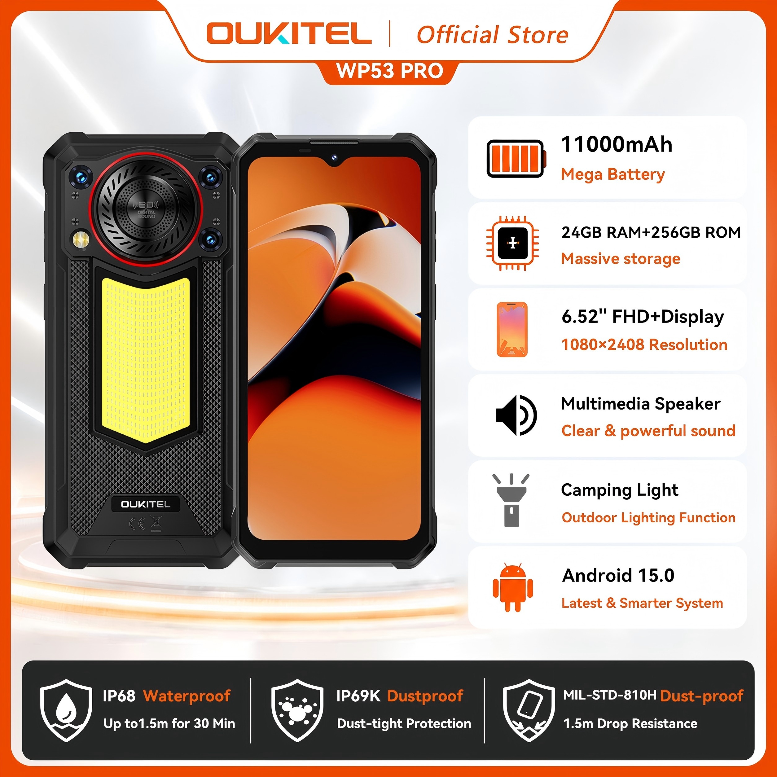 OUKITEL WP53 PRO 11000mAh バッテリー頑丈なスマートフォン、24GB 256GB 携帯電話、Android 15 NFC 50MP メインカメラ携帯電話