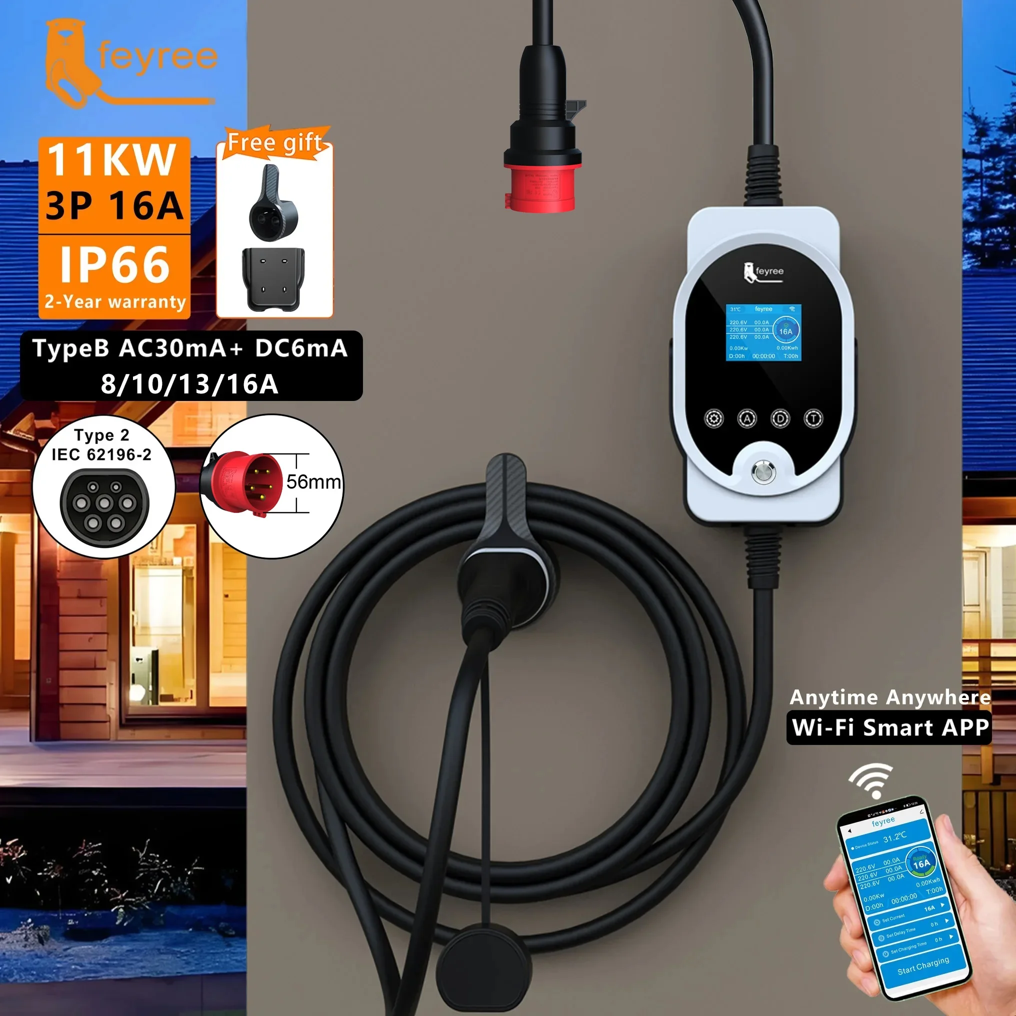 feyree Type2 11KW EVSE Wallbox EV ポータブル充電器 16A 3 相 Wi-Fi スマート APP 制御充電ステーション電気自動車充電器用