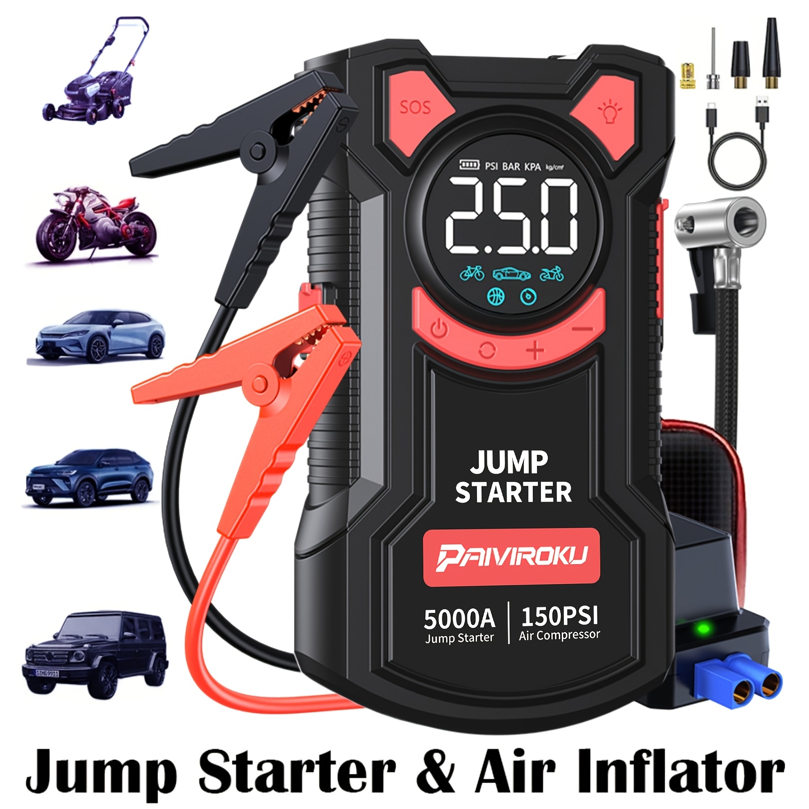 エアコンプレッサー付きジャンプスターター、5 in 1 機能ジャンプボックス 5000A ピーク 150PSI ジャンプスターターバッテリーパック、デジタルタイヤインフレーター付き、カーバッテリー充電器ポータブル (すべてのガソリン、最大 2.64 ガロンディーゼル用) Fas