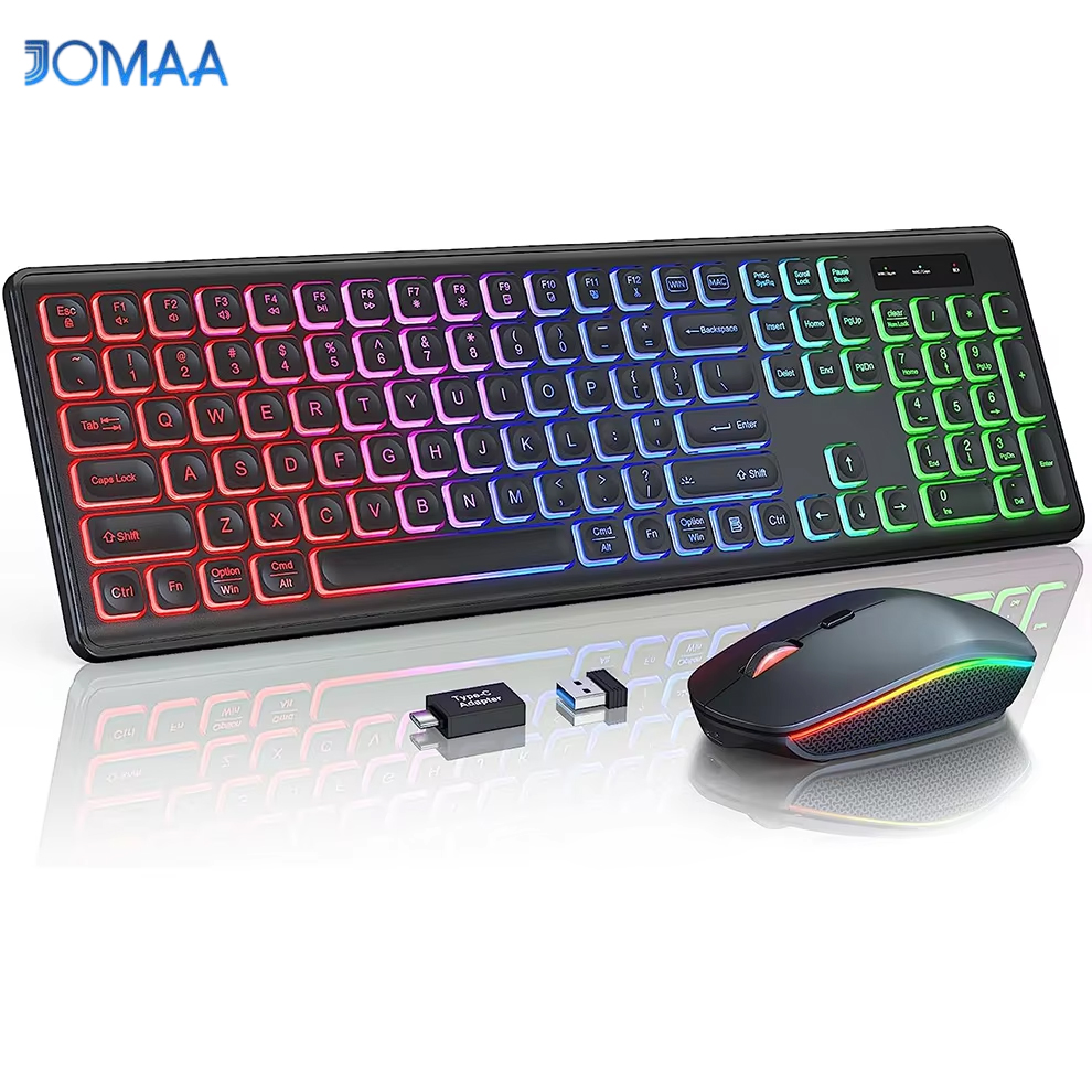 JOMAA 2.4 グラムワイヤレスキーボードマウスコンボ RGB バックライト付き充電式フルサイズ人間工学に基づいた Type-c ワイヤレスキーボードマウスセット