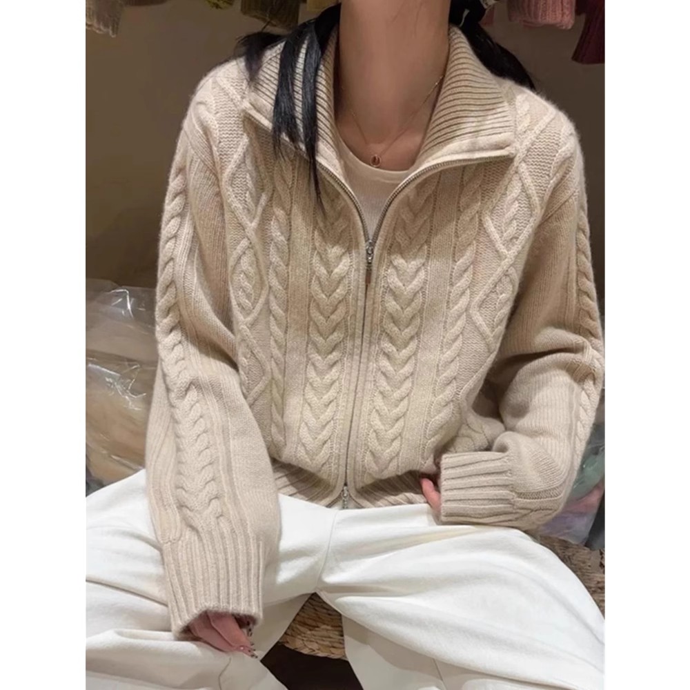 100% カシミヤカーディガン女性のためのハイネックルーズで柔らかいセーター秋と冬のウールニットセーター肥厚コート