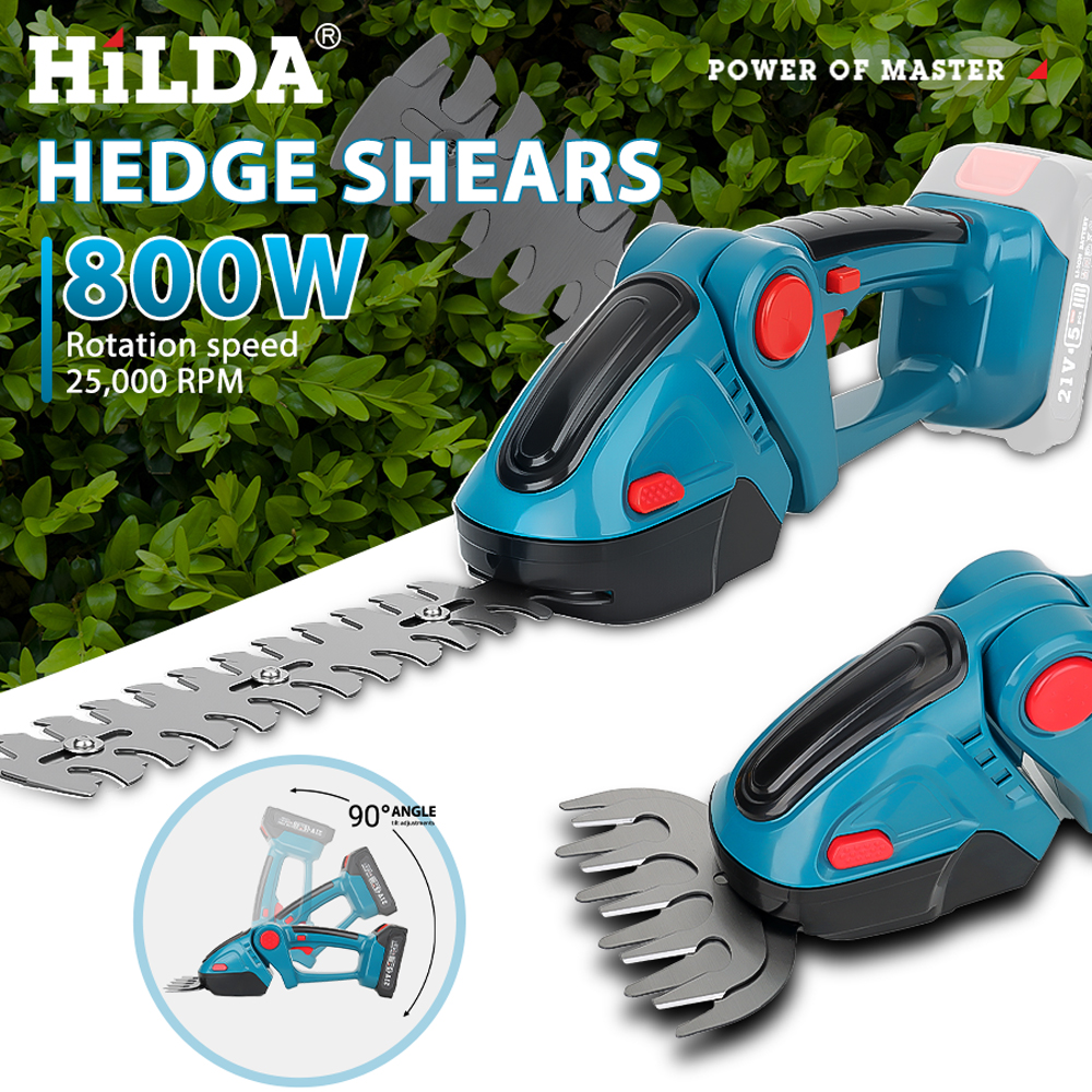 HILDA 2 in 1 コードレスヘッジトリマー 21V コードレスハンドヘルド草トリマー 90 度回転可能な刃低木剪定カッター庭用