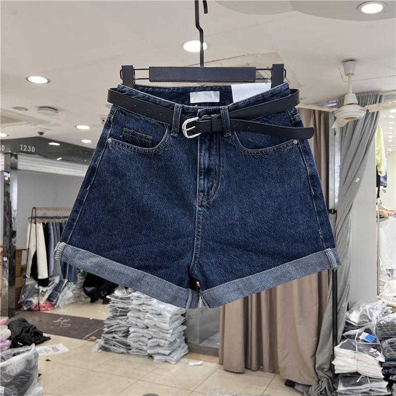 女性の夏ルーズフィットハイウエストショートボトムスロールヘムデニムショーツパンツ薄いヴィンテージファッションパンツ A ラインボトムカジュアルパンツ