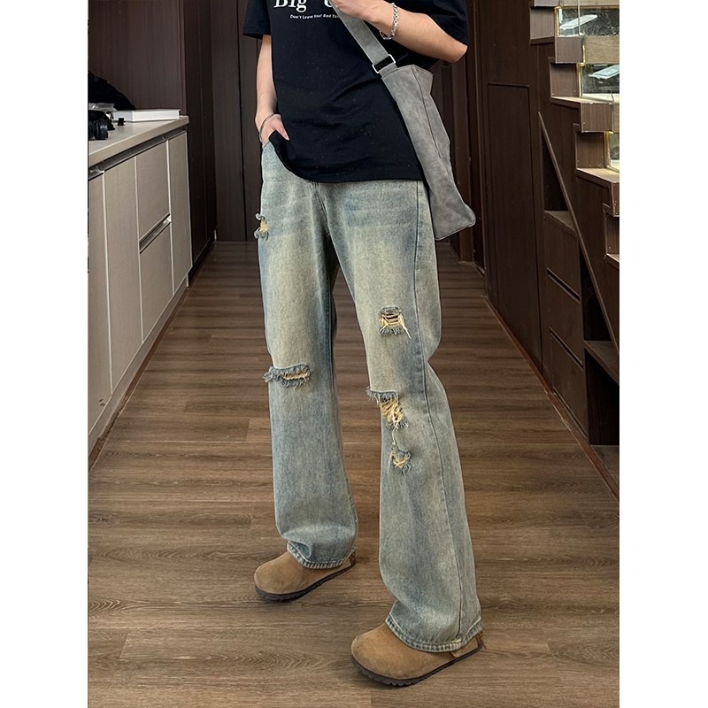 男のパンツメンズジーンズだぶだぶのジーンズユーズド加工ルーズストレートレッグ夏レトロハイストリートカジュアルズボン男性のための
