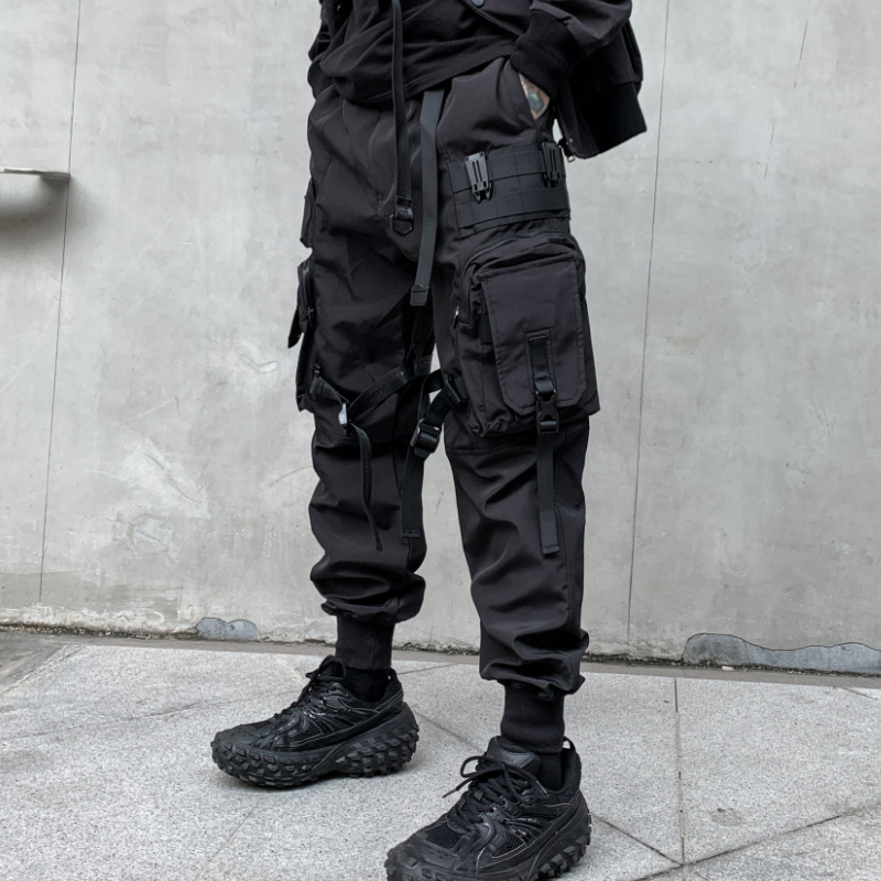 マルチポケットリボン包帯戦術 Techwear カーゴパンツメンズ原宿パンクヒップホップジョガーパンタロンカジュアルストリート