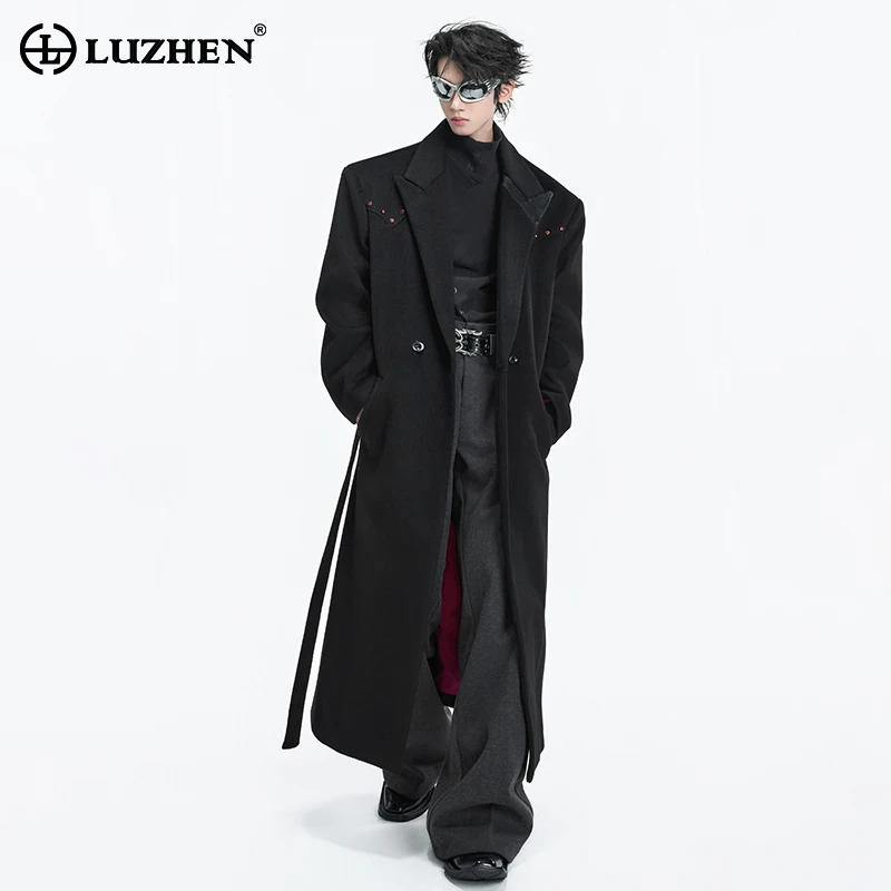 LUZHEN 2025 冬の新スタイリッシュなダイヤモンドパッチワーク飾るベルトウールウインドブレーカーコートメンズエレガントな気質トレンチ JY5614