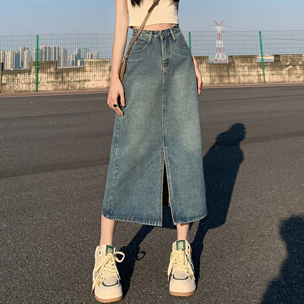 夏の女性のハイウエストレトロ A ラインスカートポケットフロントスリット洗浄ブルーデニムスカートヒップカバーストレートロングジーンズスカート