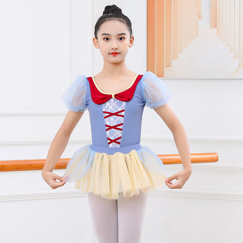 夏の女の子ティーンバレエレオタードメッシュスプライス体操レオタードバレエダンスボディスーツブルー半袖子供バレエ衣装