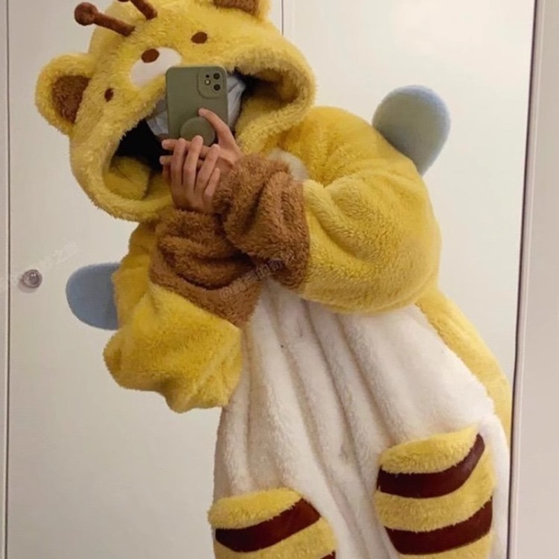 女性ミツバチパジャマローブ漫画蜂動物ワンピースナイトガウン厚みのフランネルかわいい部屋着ハロウィンコスプレ衣装