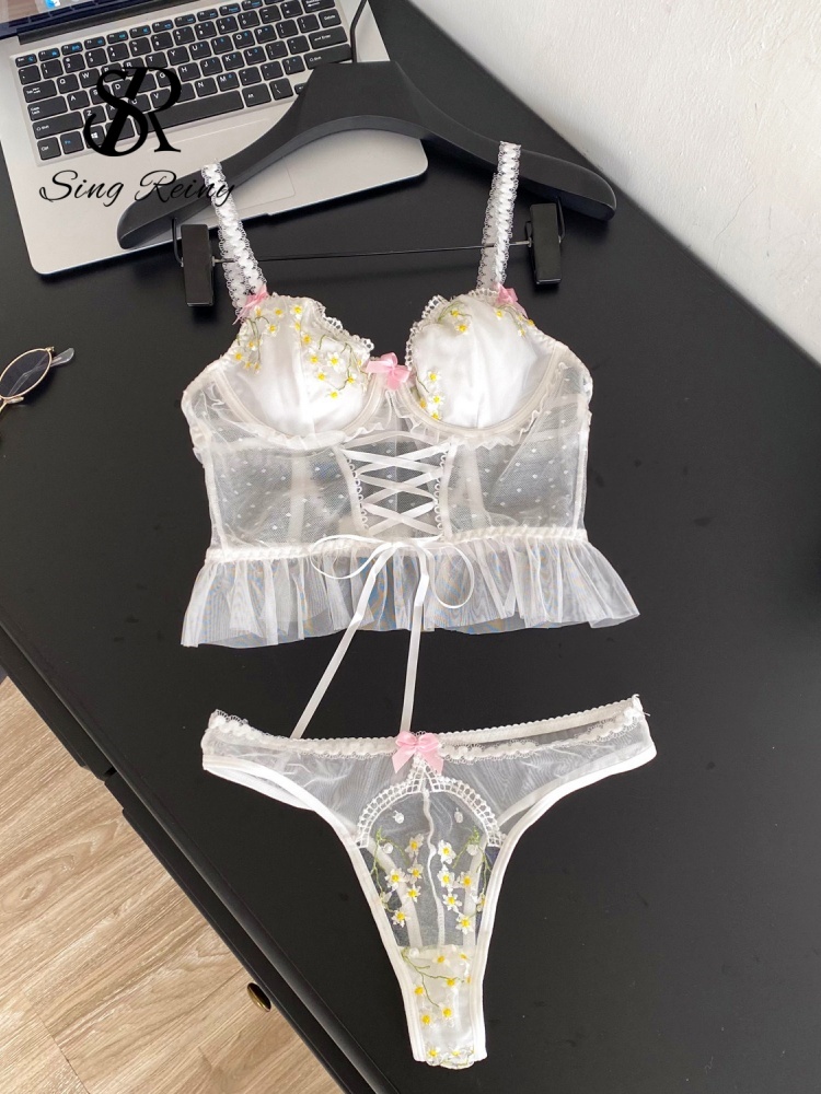 SINGREINY 花柄レース Hotsweet ランジェリー 2 点セット女性ストラップフリルミニブラジャー薄手の Tバック刺繍メッシュ下着スーツ