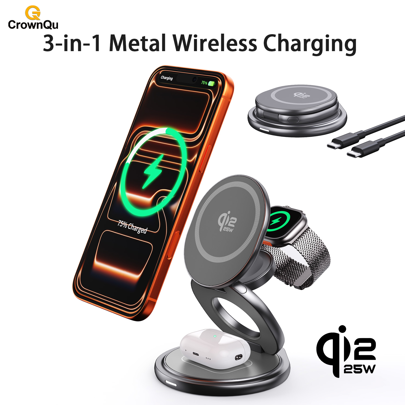 Qi2.2 25 ワット金属ワイヤレス充電器 Protable 高速充電ステーションスタンド 360 度回転 iPhone 17 16 15 14 プロマックス時計 Airpods