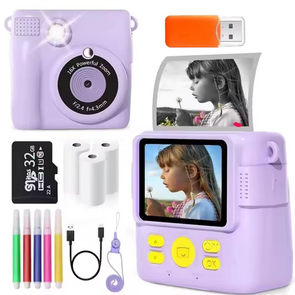 1080P HD ビデオカメラ 子供用ポータブルインスタントプリントカメラ 3ロール写真用紙と32GBカード付き 幼児に最適なおもちゃ