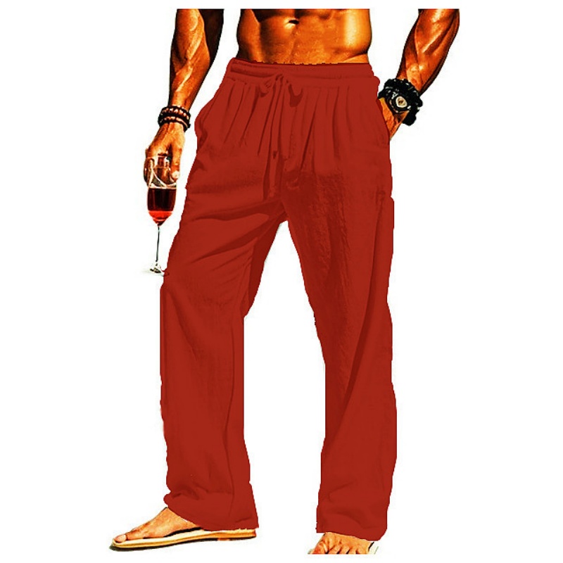 メンズコットンリネンパンツストレートレッグ軽量通気性快適なズボンビーチスタイル無地カジュアル居心地の良いスウェットパンツ