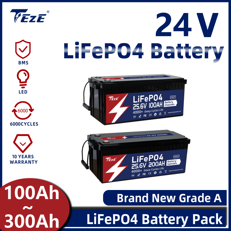 TezePower 24V 100AH 200Ah 300AH Lifepo4 バッテリーパック、アクティブバランサー付き、Daly BMS 充電式セル内蔵