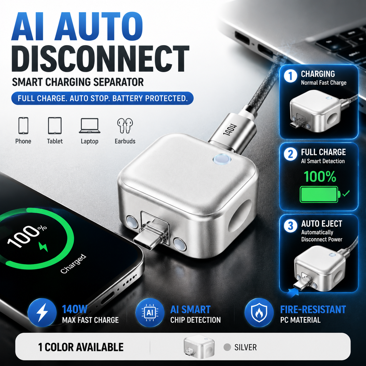 140 ワット AI 自動切断充電セパレータスマートフルパワーカットオフアダプタ自動電源オフプロテクター電話タブレットなど