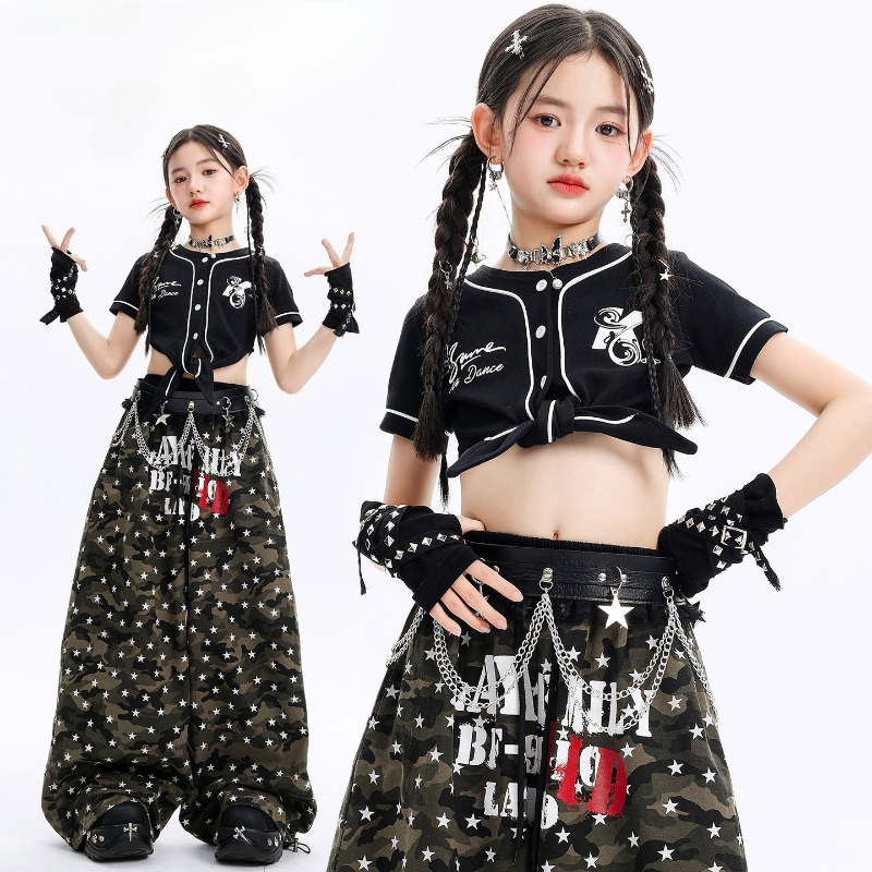 女の子ヒップホップストリートダンス衣装黒 Tシャツクロップトップだぶだぶのパンツファッションストリートグループ社交ジャズレイブ服セット