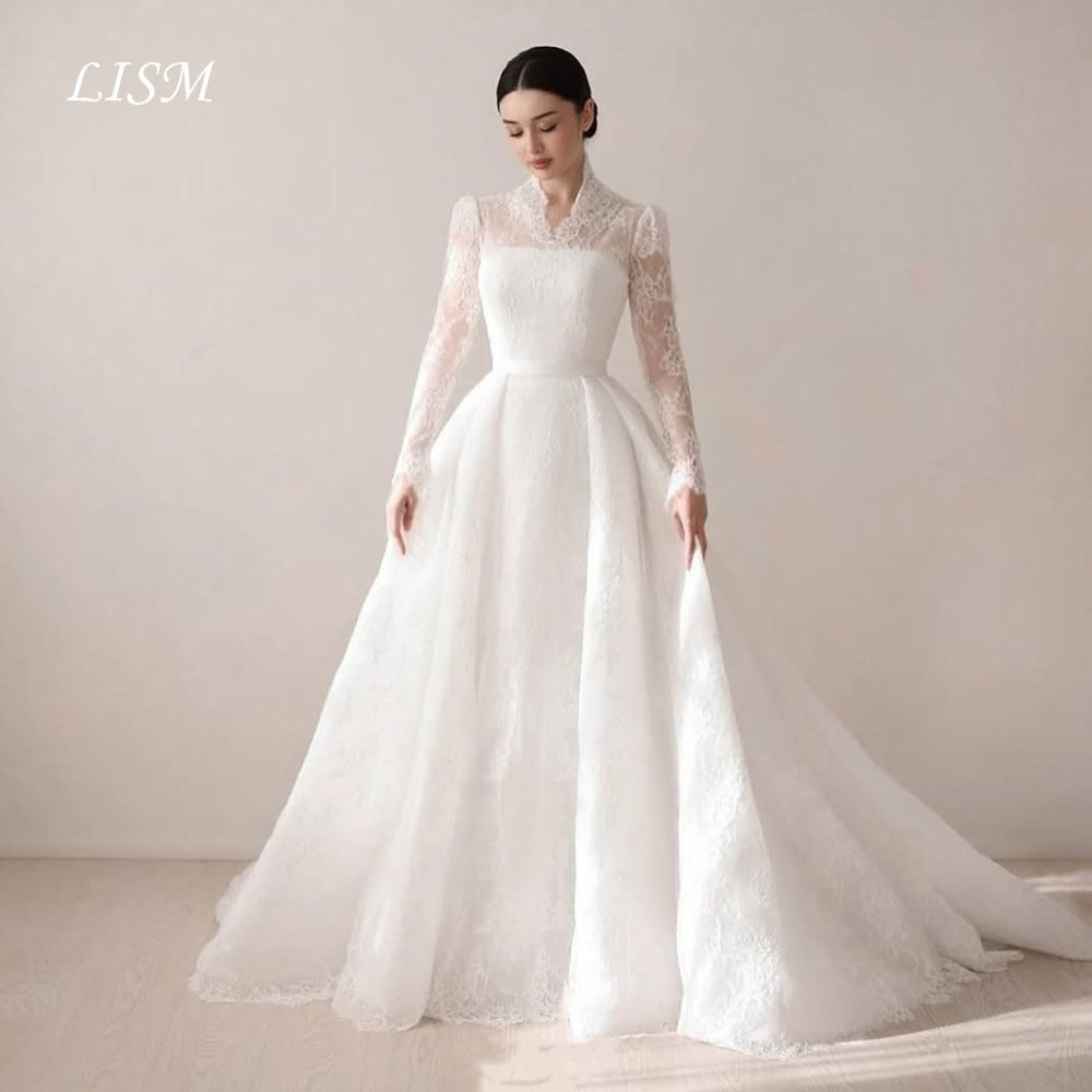 LISM Designed Lace Luxury Wedding Dresses Full Sleeves Long Elegant Buttons Back Bridal Gowns Customized فستان الزفاف