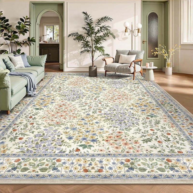 Carpet for Living Room Flower Print Foldable Machine Washable Sofa Coffee Table Non Slip Floor Mat Home Bedroom Bedside Soft Rug