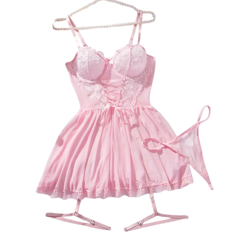 Pink Cute G-strings Lingerie Set Erotic Night Dress Sexi Lenceria Suspenders Ultra-thin Underwear Women Hot Semi-Sheer Nightgown