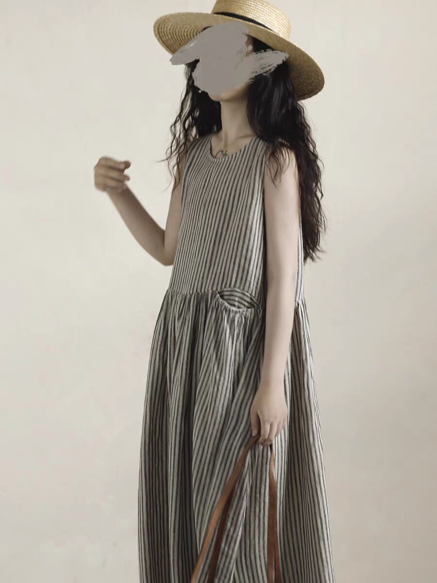 夏のコットンリネンストライプルーズベストドレス女性ノースリーブ通気性エレガントローブカジュアル休日服 X1351
