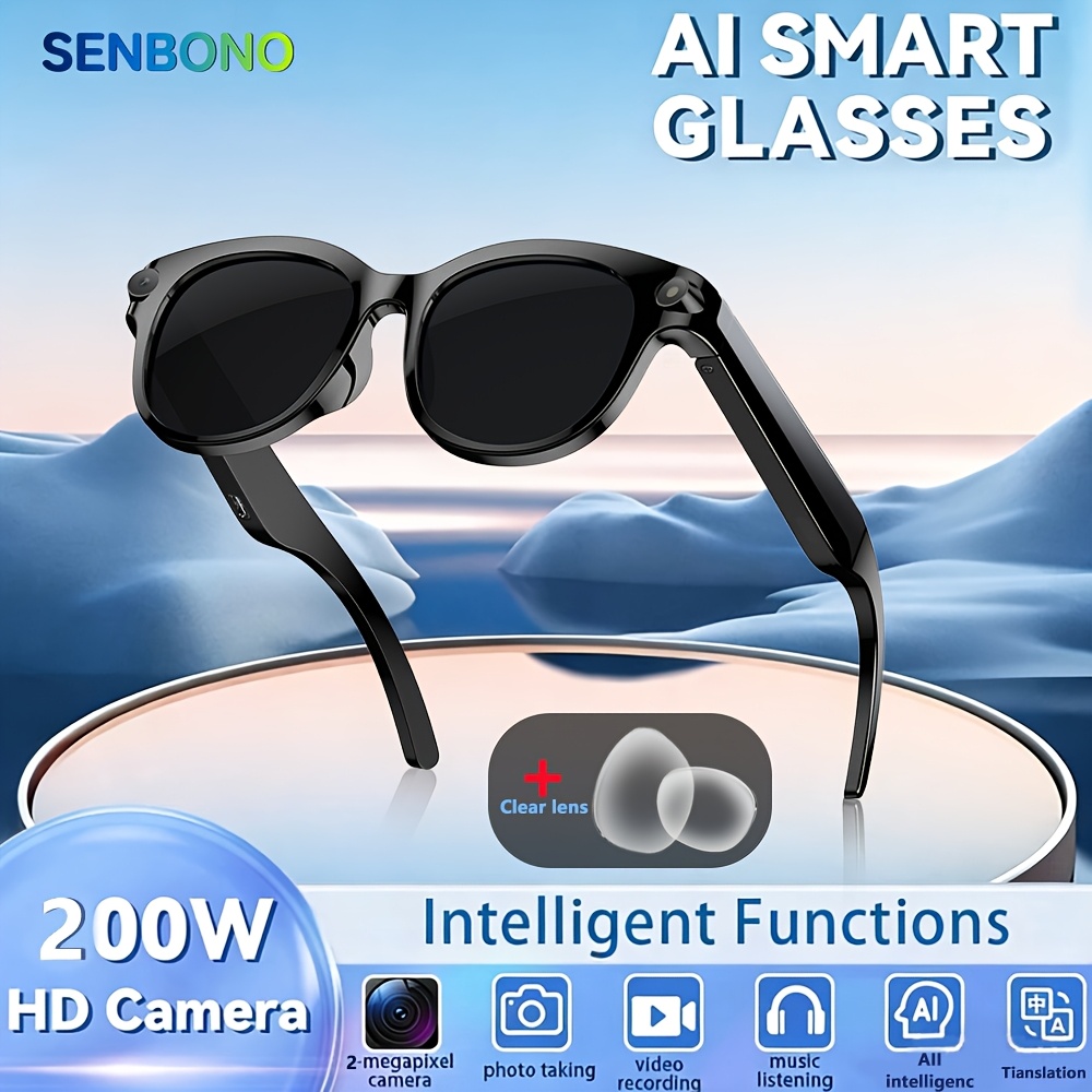 SENBONO 2026 AI スマートグラス HD カメラポータブル充電器 100 言語 AI 翻訳 Bluetooth 通話音楽プレーヤーサングラス