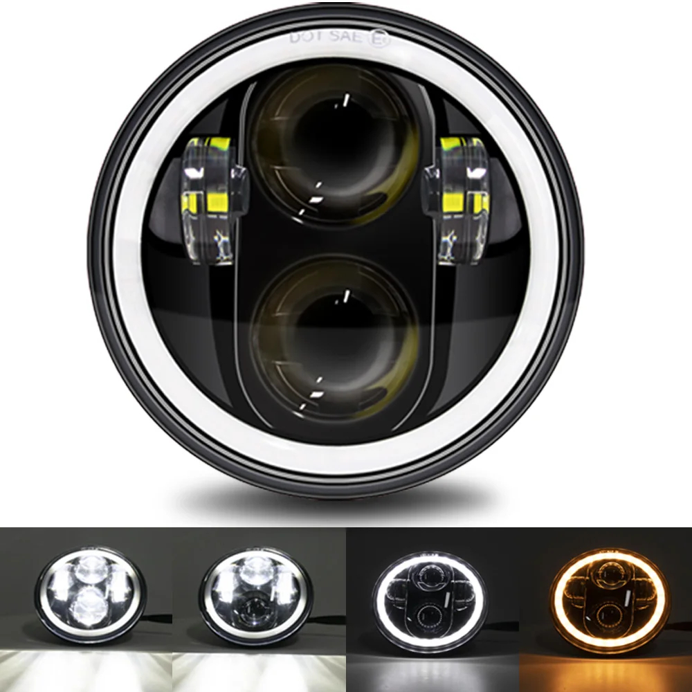 Headlight 5.75 Inch Black Halo Angel Eyes LED For Harley Sportster 1200 883 Street Softail Dyna 5-3/4" Projector Round Headlamp