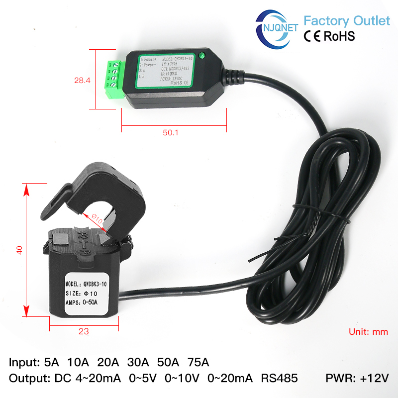 スプリットコア電流センサー工場出荷時の価格 QNDBK3-10 Ac 5A 20A 63A 100A 出力 RS485 クランプ Ct 変流器トランスデューサ Modbus