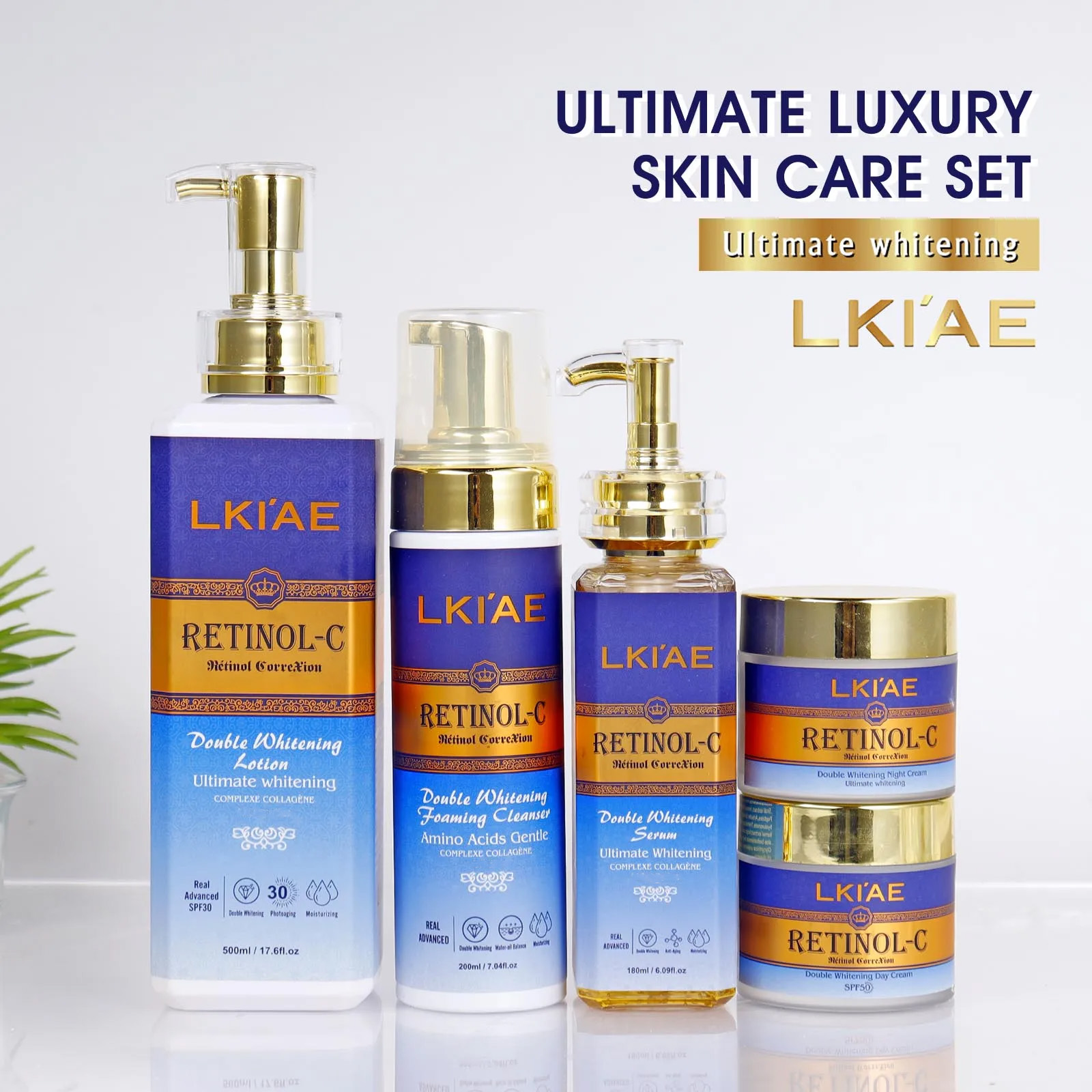 LKIAE レチノール ホワイトニング スキンケア セット、保湿、しわ、小じわ、シミを軽減、コラーゲン、カタツムリエキス入り