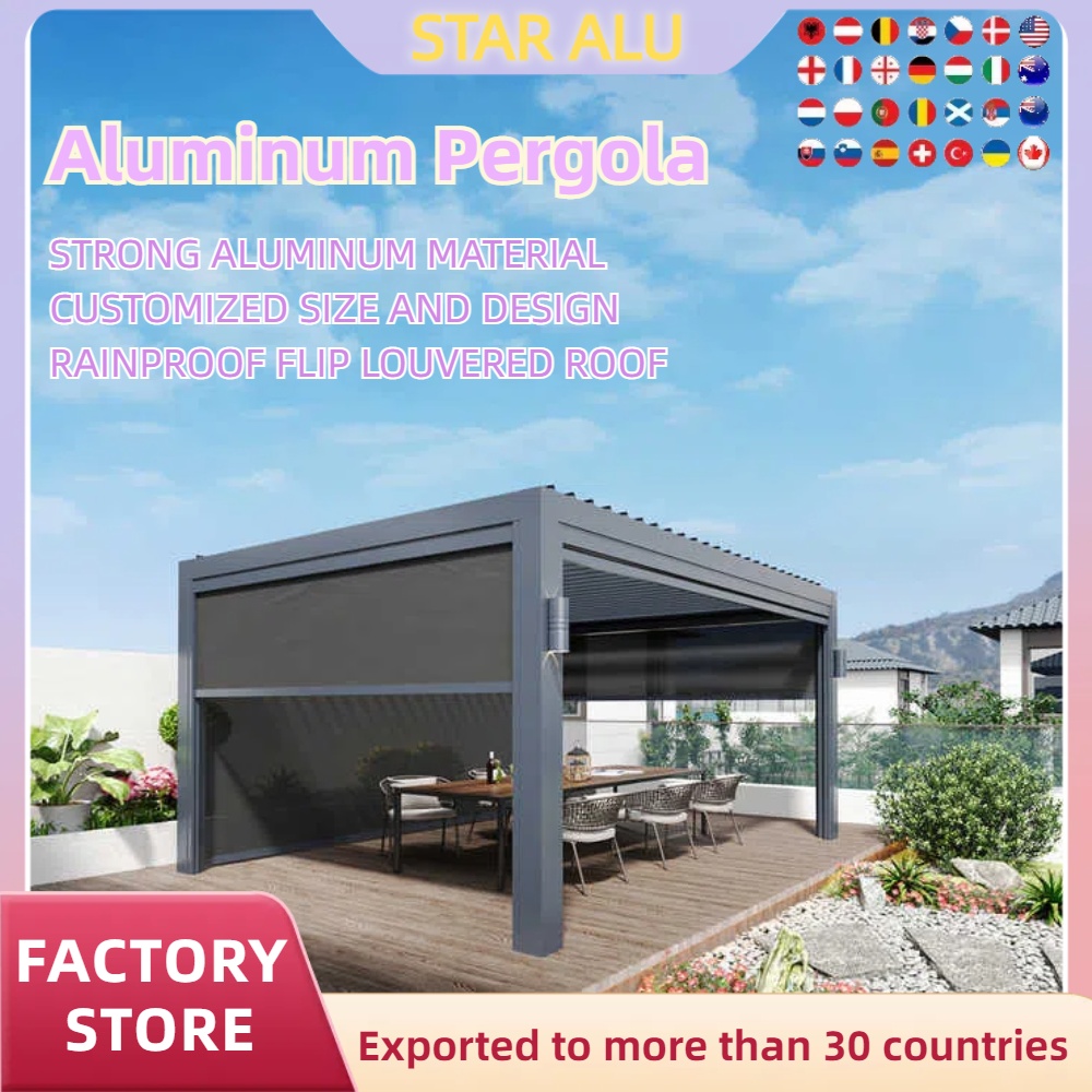 生物気候アルミニウム パーゴラ 3x4m/10x12ft 手動ローラー ブラインド付き手動フリップ ルーバー屋根ガーデン ガゼボ キャノピー