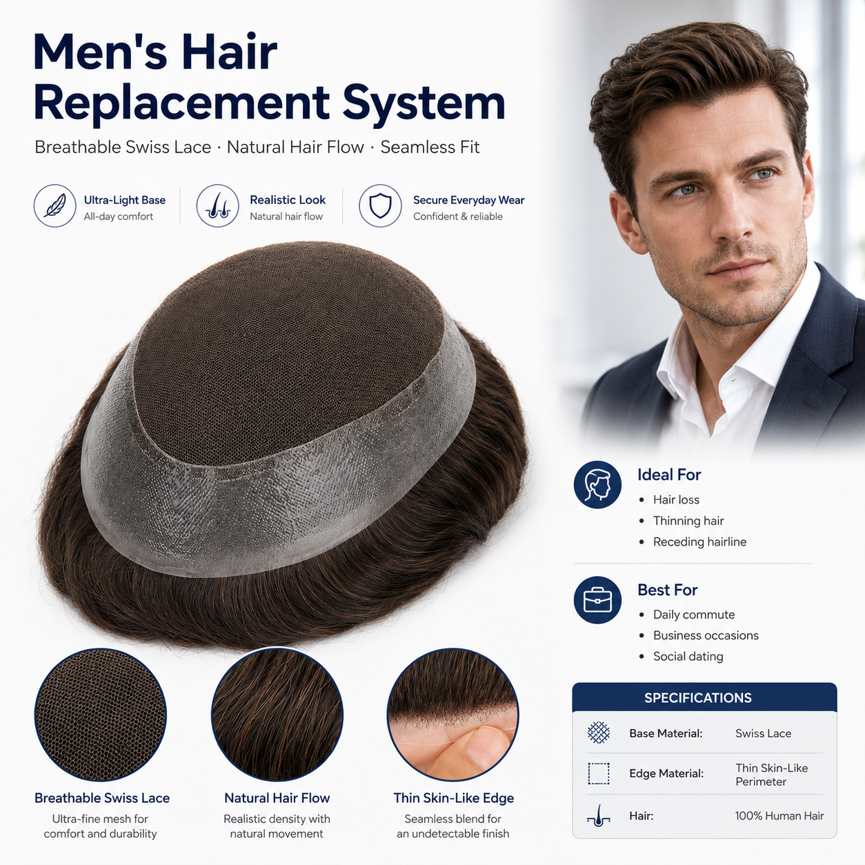 Topunique 男性かつら人毛交換システム Protesis キャピラー Hombre メンズヘアピース人毛システムかつら