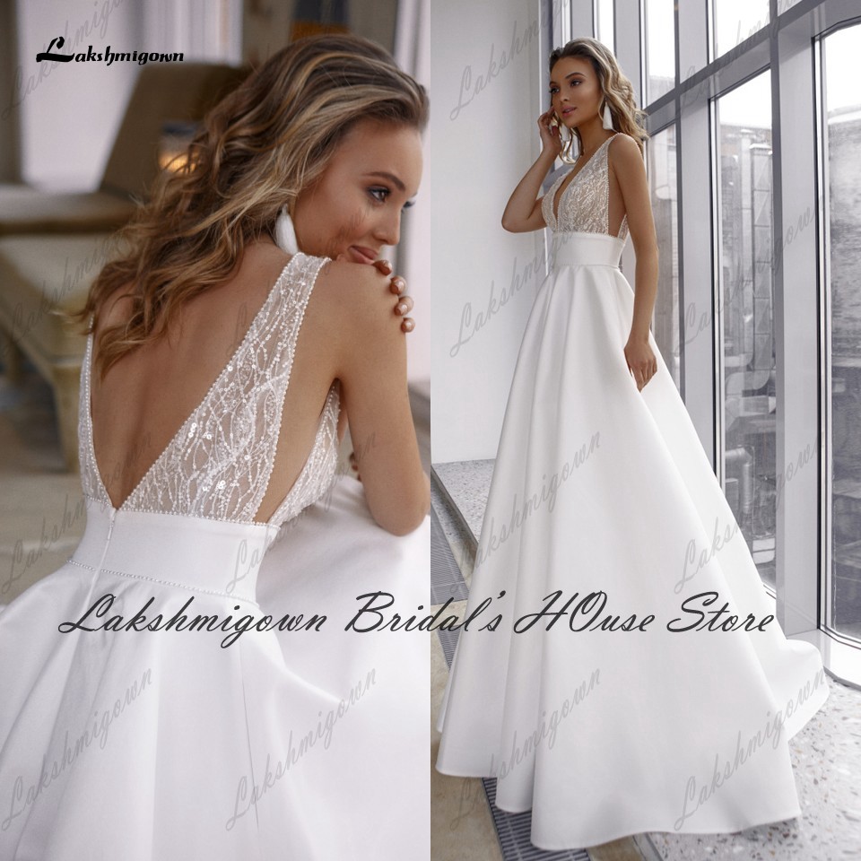 Lakshmigown ローブサテン自由奔放に生きるウェディングドレス 2025 Vestidos ビーズセクシーなブライダルレシートウェディングパーティードレスオープンバックカスタマイズ