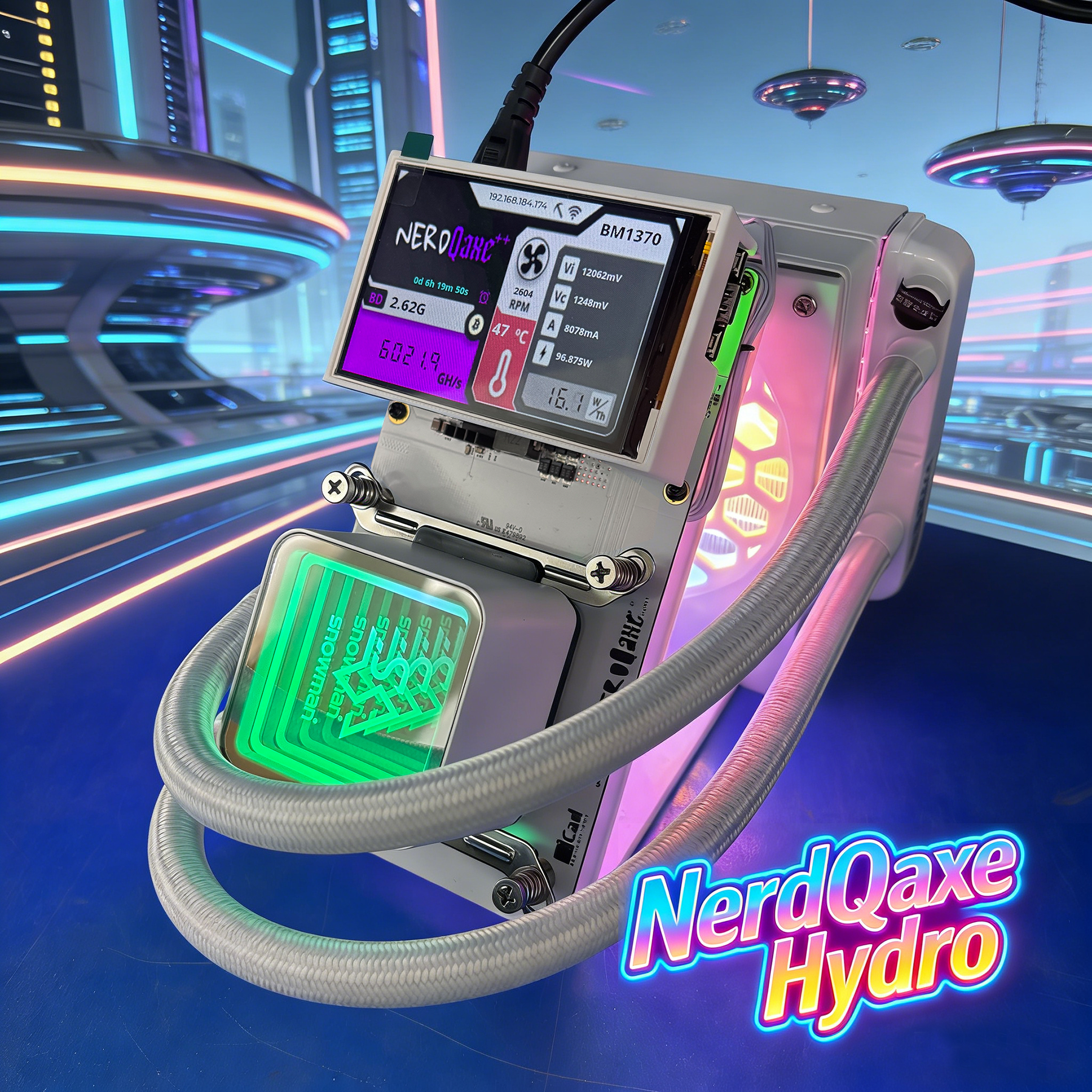 大型 3.5 インチディスプレイ Bitaxe NerdQaxe Hydro 6TH/s Rev 6.1 100W アップグレード XT30 PSU Bitcoin Miner Homing Mining NerdQaxe Rev6.1