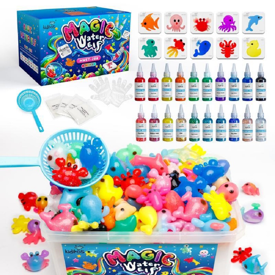 Kiditos Magic Water Elf Toy Kit – Squishies for Kids, 20 Gels & 10 Molds, Magic Gel Water Pets Sensory DIY Craft Kit, Party Favors & Summer Gifts for Kids Ages 3+