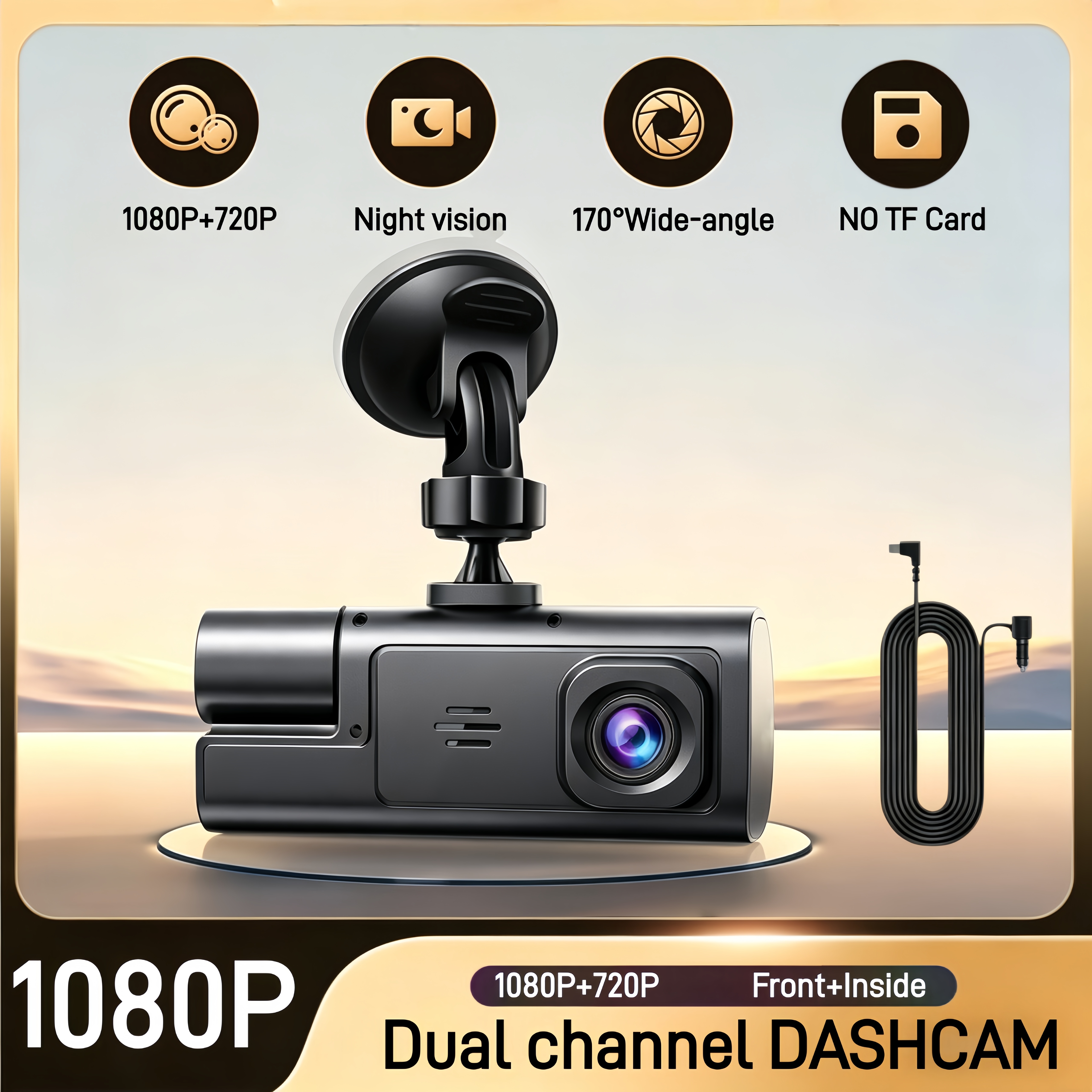 1080P 2チャンネルダッシュカム、HDR、1K 720P フロントインサイドデュアルカーカメラ TFカードなし、IRナイトビジョン、Gセンサー、WDR、パーキングモード