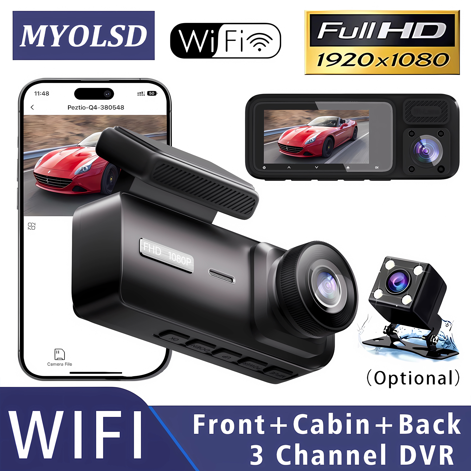 WIFI 3 カメラ車のダッシュカム FHD 1920*1080P ビデオレコーダー 3 チャンネルフロントリアビューキャビンスーパーナイトビジョンブラックボックスミニ DVR