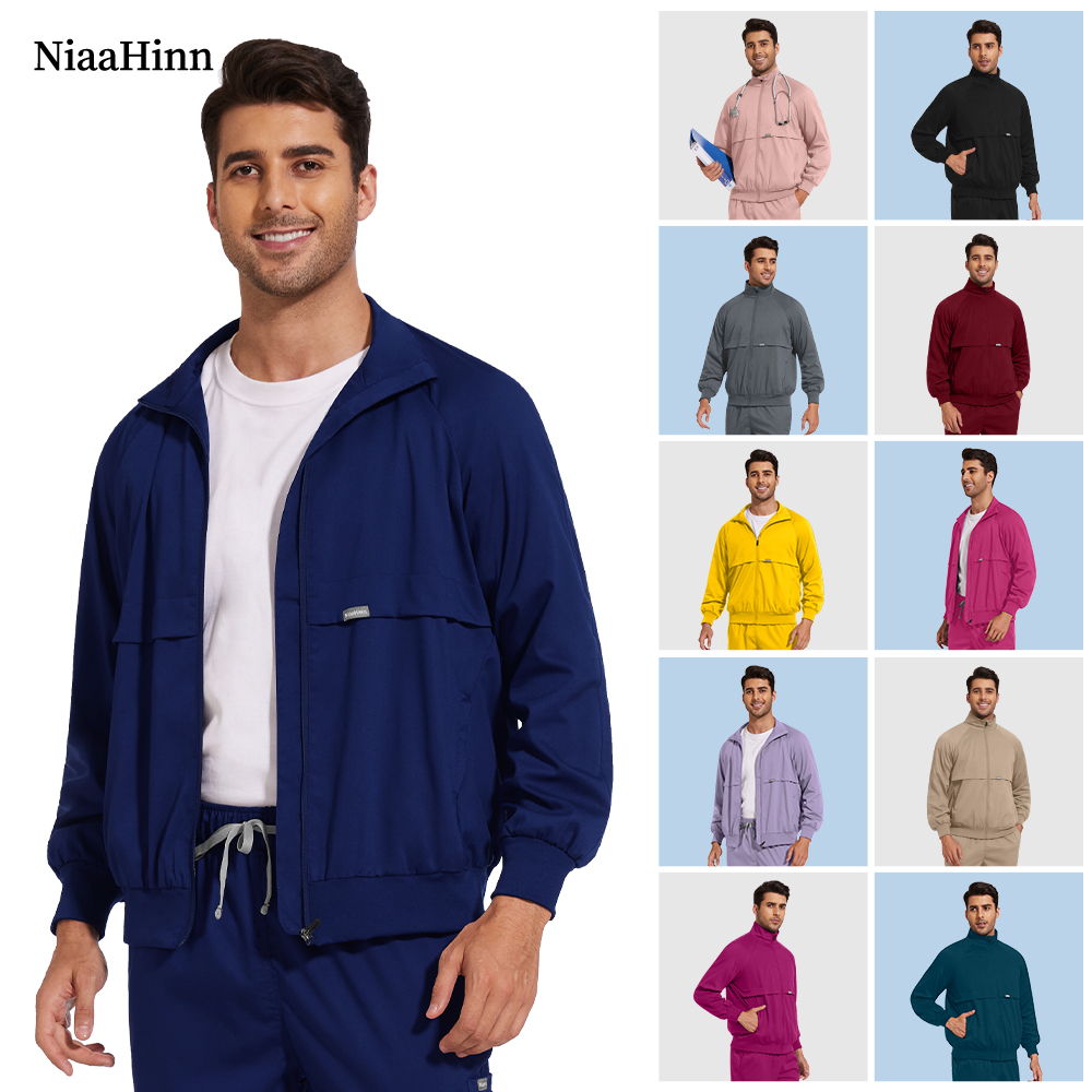 Niaahinn ナーススクラブジャケットユニセックス歯科医院女性スクラブトップス医療看護制服コートスパ制服手術服男性