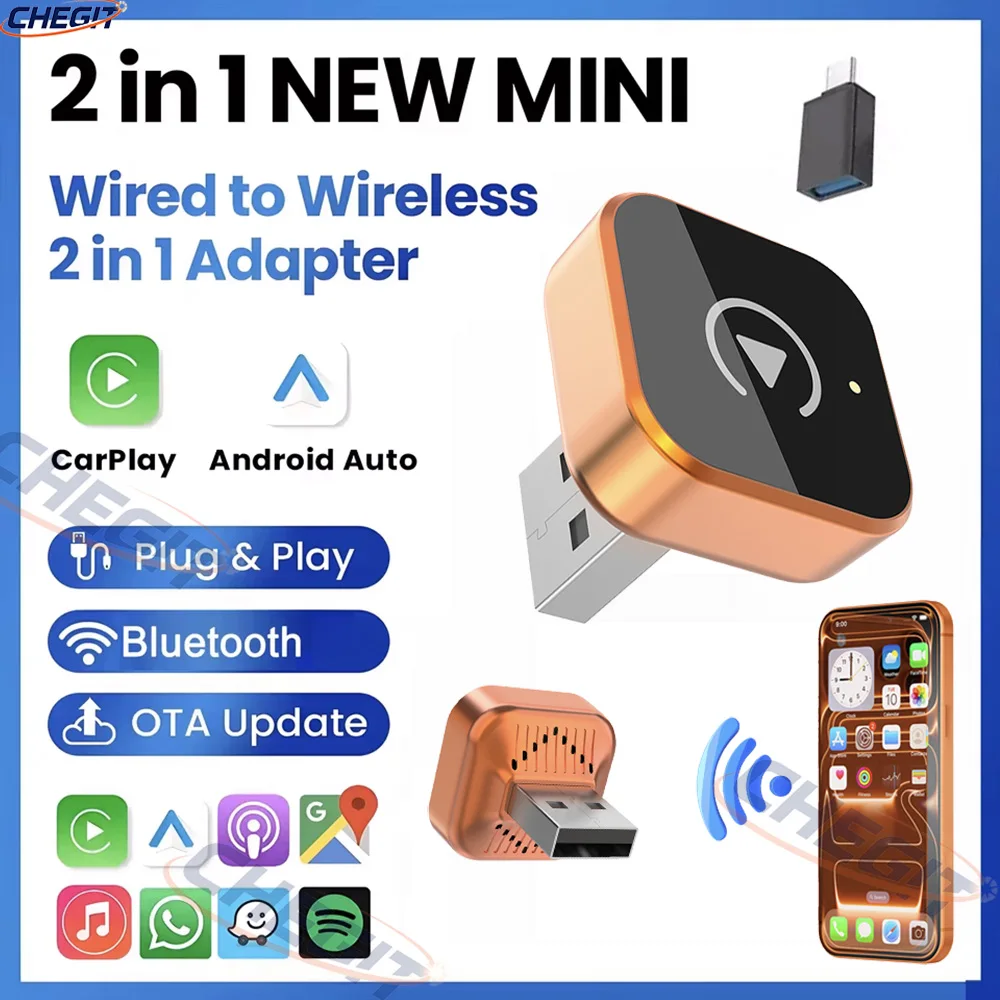 2026 新 2in1 ワイヤレス CarPlay アダプタ Android 自動タイプ C USB スマートボックスインテリジェントシステム USB C 有線 CarPlay 車用