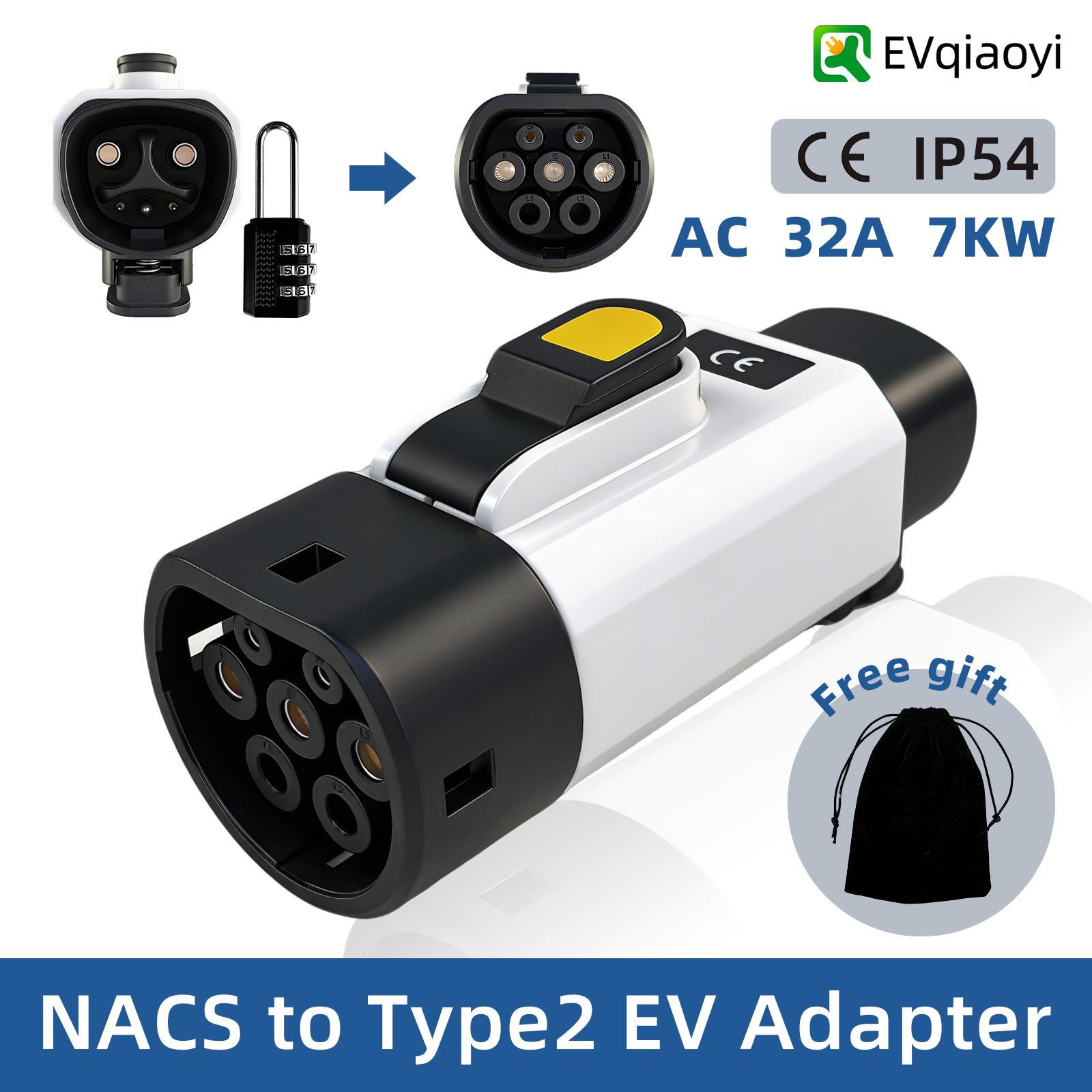 EVqiaoyi NACS - Type2 EV アダプター 32A 7KW テスラパイルから Type2 EV 充電コンバーター EU 標準車用