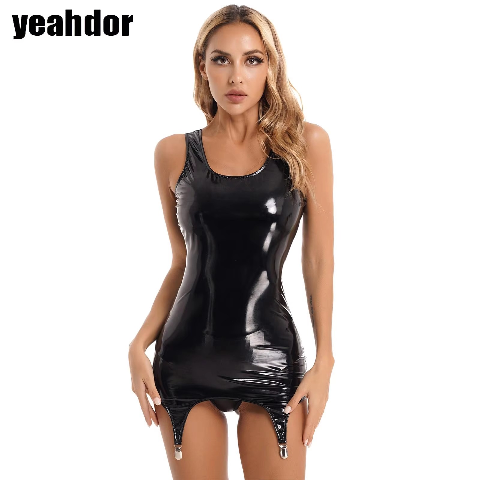 女性ラテックスガーターベルトボディコンミニドレスウェットルックパテントレザーノースリーブタンクドレスレイブパーティーナイトクラブストッキング着用
