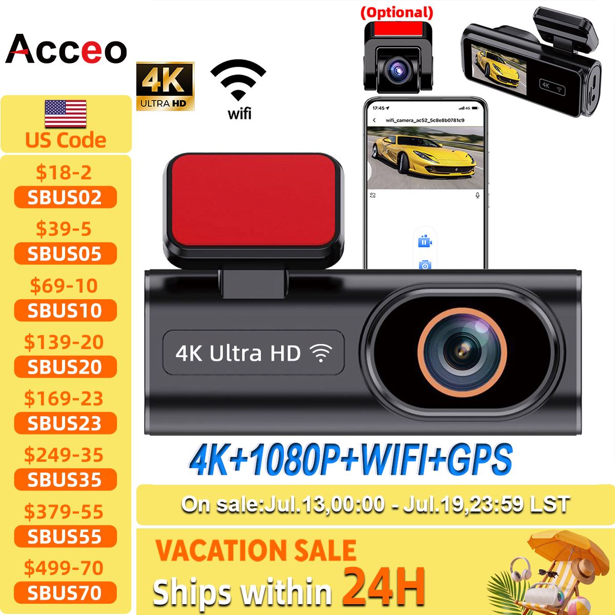 ACCEO ダッシュカム WIFI GPS ミニカー DVR フロント 4K とリア 1080P デュアルレンズブラックボックスルームカメラナイトビジョン 24 時間駐車モニター