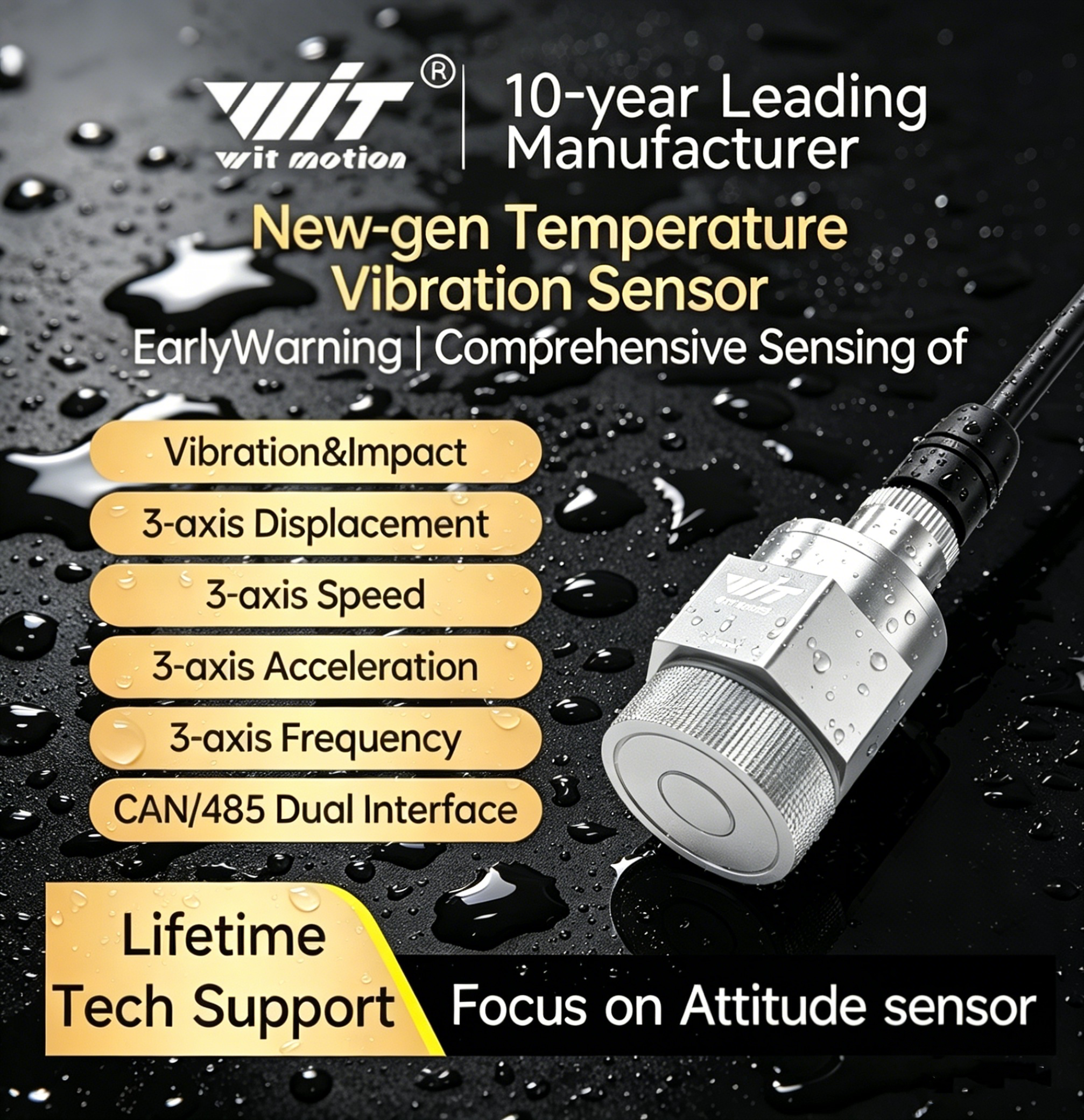 WitMotion WTVB05 温度振動 3 軸加速度振幅変位周波数 IP67 センサーモーターウォーターポンプ用